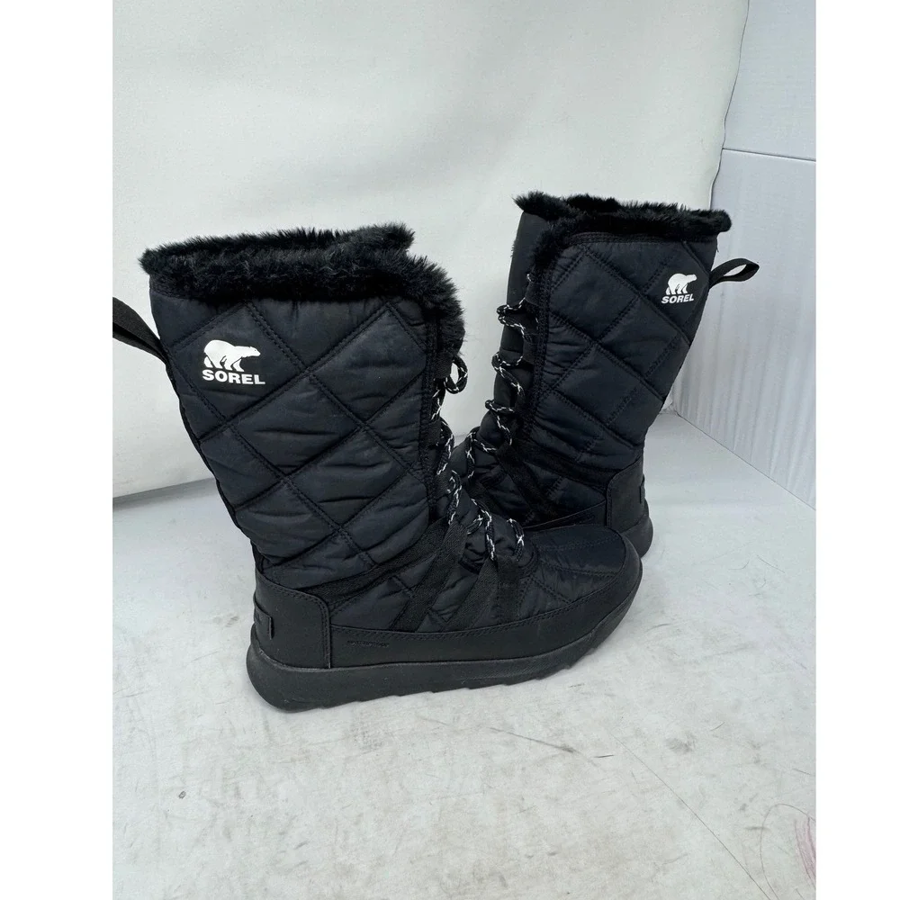 🔥Sorel Whitney🖤Tall Lace Black insulated Waterproof Winter Snow Boots‎ Fur 7.5